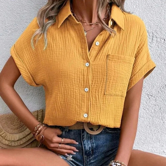 Cotton Crinkle Short Sleeve Button Down Shirt - Picture 1 of 5